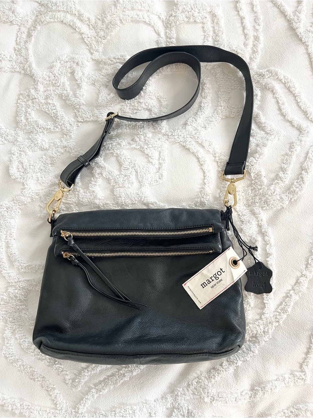 margot Black Leather Foldover Crossbody with Gold Hardware
